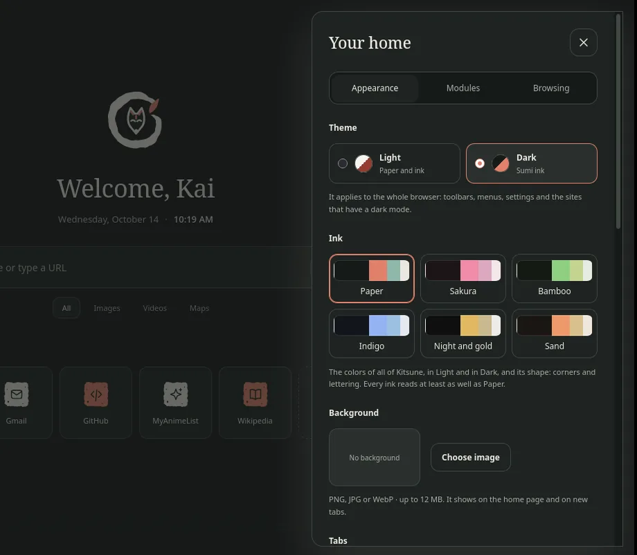 The «Your home» panel: Light or Dark theme, the inks and your own background.