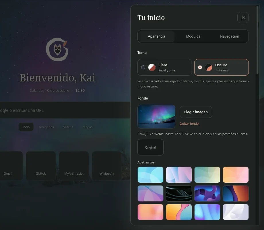 El panel «Tu inicio»: tema Claro u Oscuro, fondo propio y la galería de fondos de serie.