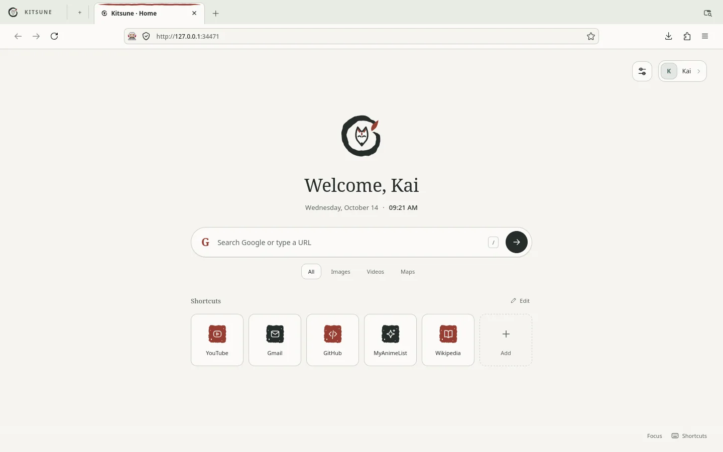 Kitsune's home page in the light theme: the ensō with the fox, the greeting, the search box and the shortcuts.
