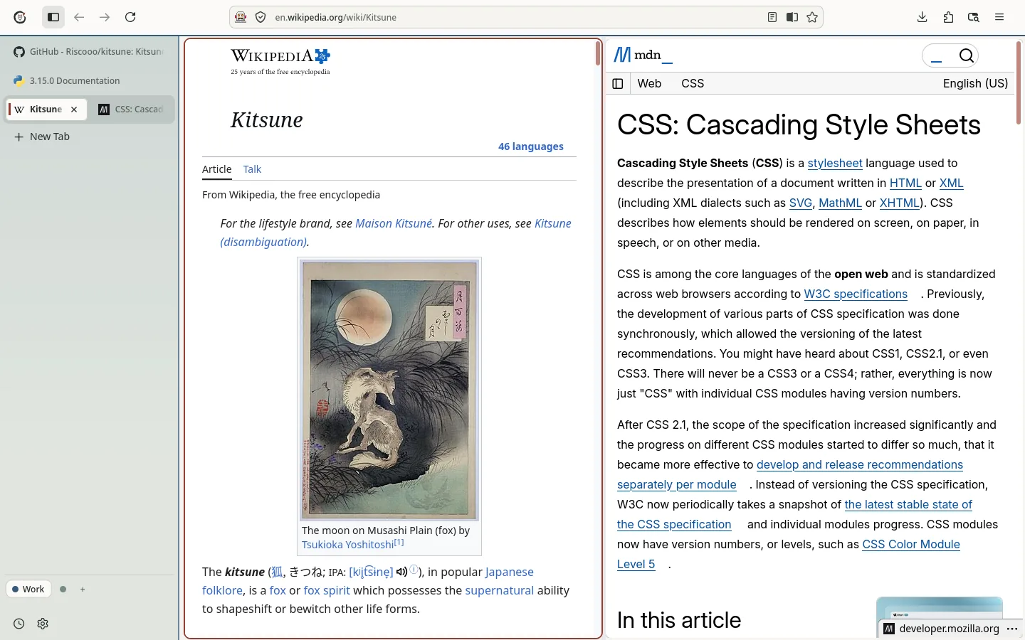 Kitsune with the tabs on the side, two spaces (Work and Home) and a split view with Wikipedia and MDN.