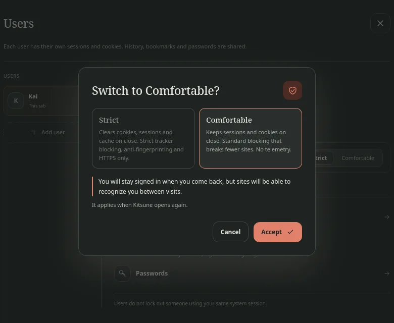 The «Switch to Comfortable?» prompt comparing both modes, with Cancel and Accept.