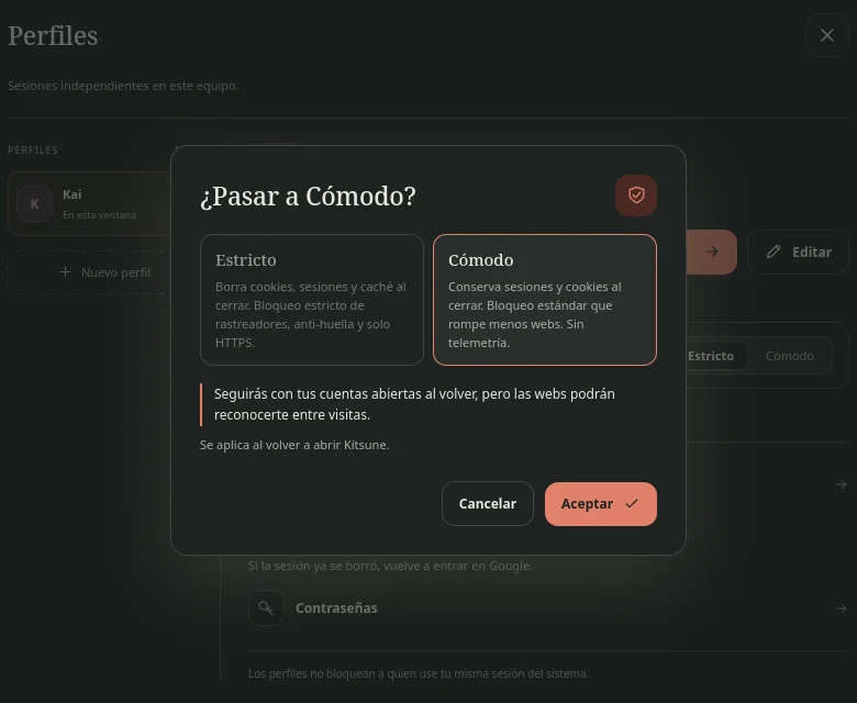 El aviso «¿Pasar a Cómodo?» con las dos opciones comparadas y los botones Cancelar y Aceptar.