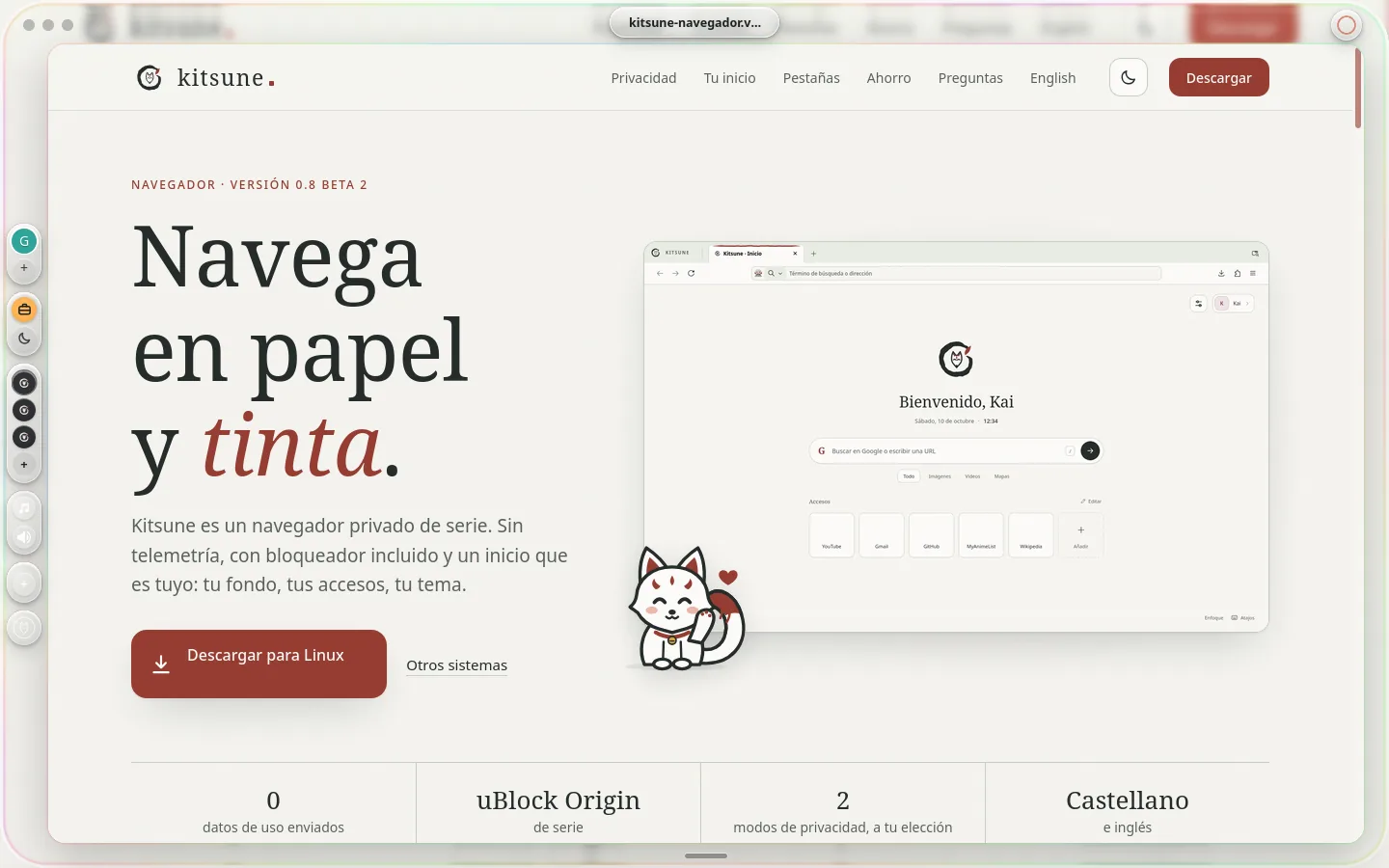 Kitsune Zero con la web de Kitsune en una tarjeta: la isla arriba con la dirección, a la izquierda los perfiles, el modo, las pestañas, la música y los accesos, y el borde de la ventana como el filo de una pompa.